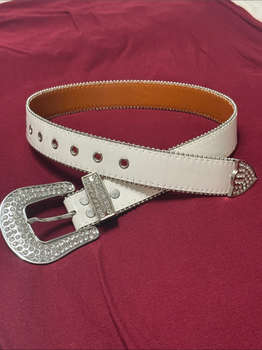 Rhinestones Leather Belt White Leather With White Stones bb belt